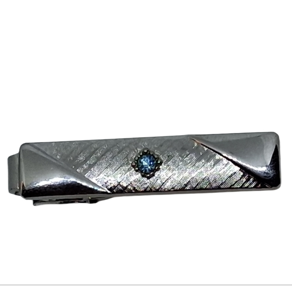 Vintage Sarah Coventry Silver Tone Tie Clip Blue Rhinestone Mid Century Modern